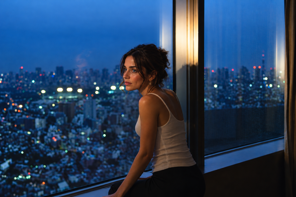 Lara junto a un ventanal nocturno contemplando la ciudad